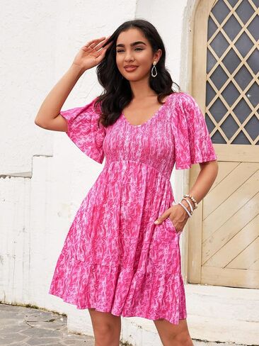 Womens Cute Smocked V Neck Flutter Sleeve Mini Dresses with Pockets Casual Flowy Summer Sundress for Women 2024 in Saudi Arabia