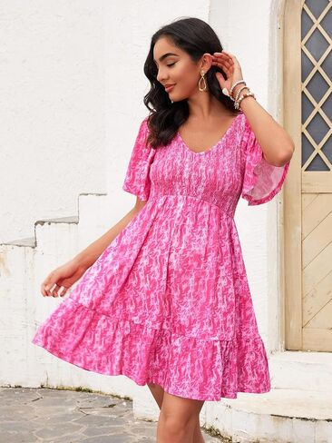 Womens Cute Smocked V Neck Flutter Sleeve Mini Dresses with Pockets Casual Flowy Summer Sundress for Women 2024 in Saudi Arabia