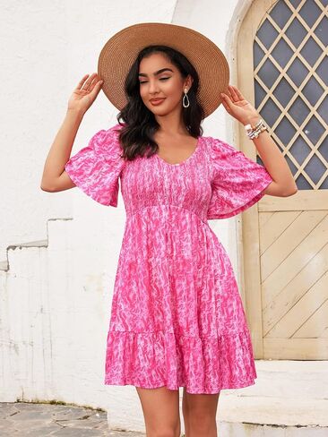 Womens Cute Smocked V Neck Flutter Sleeve Mini Dresses with Pockets Casual Flowy Summer Sundress for Women 2024 in Saudi Arabia