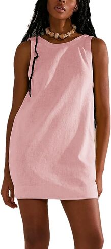 Womens Summer Open Back Sunshine Dresses 2024 Casual Beach Cotton Linen Mini Dress in Saudi Arabia