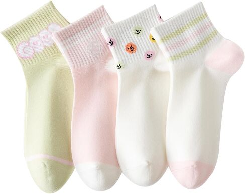 4 Pairs Combed Cotton Fashion Patterned Athletic Socks for Women High Ankle Girl Casual Cute Vintage Crew Socks in Saudi Arabia