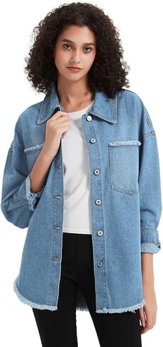 LifeShe Women's Oversized Denim Shacket Jacket Casual Long Boyfriend Jean Jackets Coat Autumn Spring in Saudi Arabia