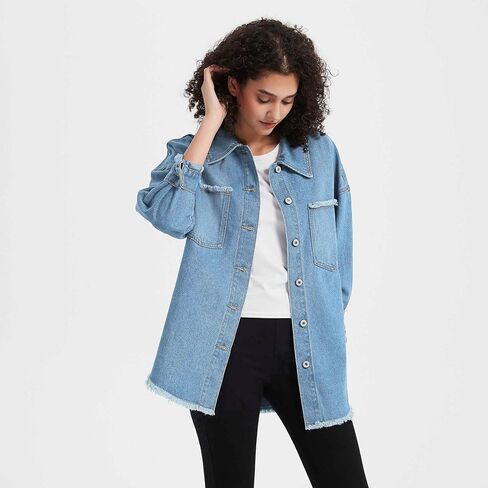 LifeShe Women's Oversized Denim Shacket Jacket Casual Long Boyfriend Jean Jackets Coat Autumn Spring in Saudi Arabia