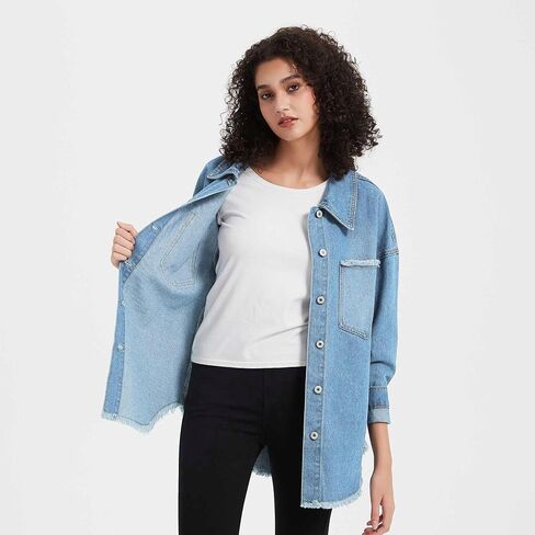 LifeShe Women's Oversized Denim Shacket Jacket Casual Long Boyfriend Jean Jackets Coat Autumn Spring in Saudi Arabia