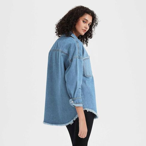 LifeShe Women's Oversized Denim Shacket Jacket Casual Long Boyfriend Jean Jackets Coat Autumn Spring in Saudi Arabia