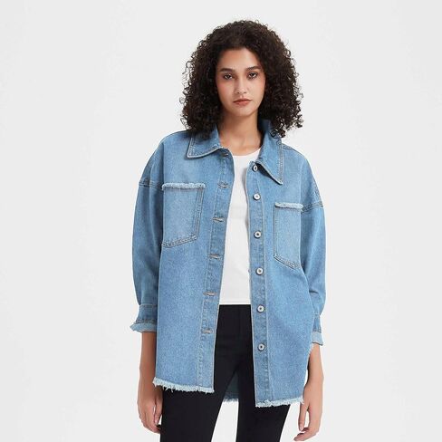 LifeShe Women's Oversized Denim Shacket Jacket Casual Long Boyfriend Jean Jackets Coat Autumn Spring in Saudi Arabia