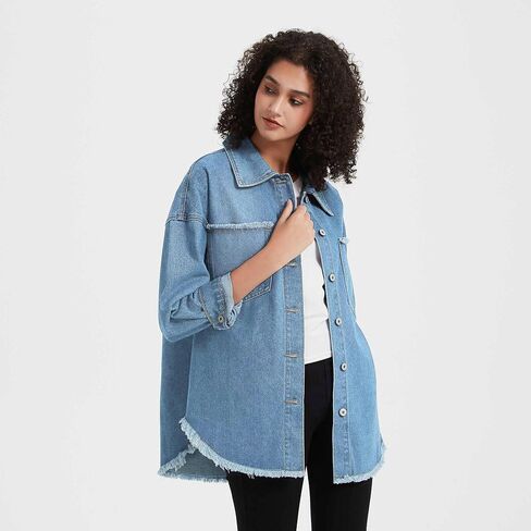 LifeShe Women's Oversized Denim Shacket Jacket Casual Long Boyfriend Jean Jackets Coat Autumn Spring in Saudi Arabia
