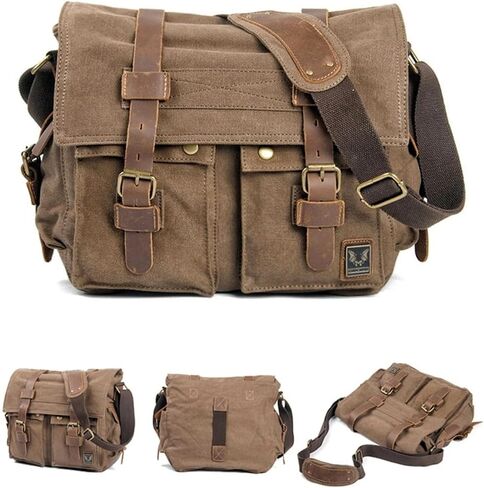 Canvas Messenger Bag, Vintage Genuine Leather Shoulder Bag, Briefcase Crossbody Satchel Purse Laptop Bag Medium in Saudi Arabia
