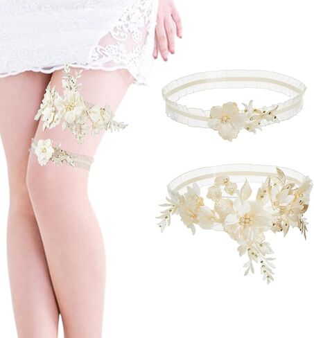 SUPERFINDINGS Lace Wedding Garter Set Stretchy Floral Garter with Imitation Pearl Floral Garter Soft Polyester for Prom in Saudi Arabia