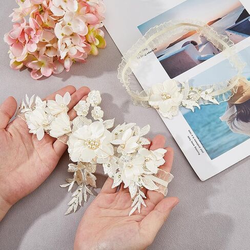 SUPERFINDINGS Lace Wedding Garter Set Stretchy Floral Garter with Imitation Pearl Floral Garter Soft Polyester for Prom in Saudi Arabia