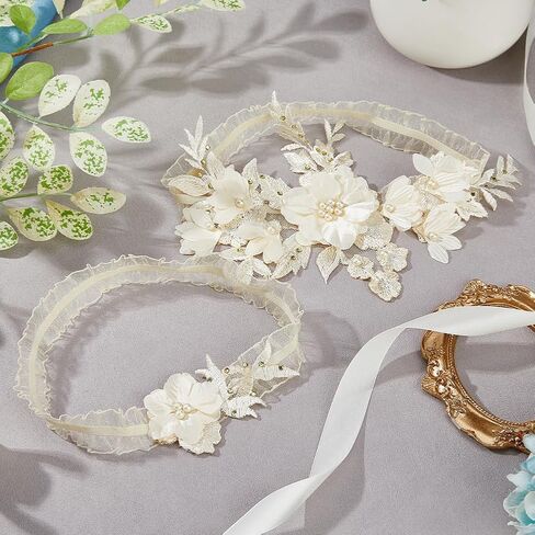 SUPERFINDINGS Lace Wedding Garter Set Stretchy Floral Garter with Imitation Pearl Floral Garter Soft Polyester for Prom in Saudi Arabia