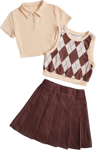 Milumia Girl's Clothing Set 3 Piece Argyle Print Tank Top and Pleated Skirt with Polo Shirt in Saudi Arabia