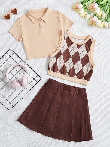 Milumia Girl's Clothing Set 3 Piece Argyle Print Tank Top and Pleated Skirt with Polo Shirt in Saudi Arabia