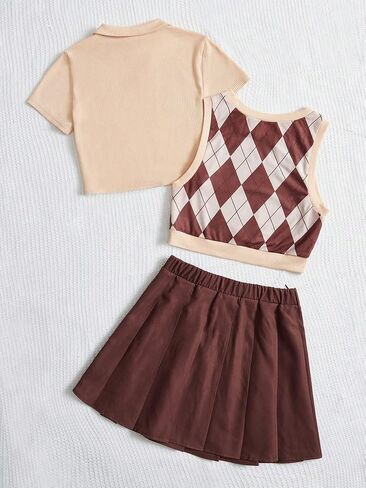 Milumia Girl's Clothing Set 3 Piece Argyle Print Tank Top and Pleated Skirt with Polo Shirt in Saudi Arabia
