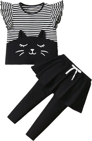 OYOANGLE Girl's 2 Pieces Outfits Striped Graphic Print Cap Sleeve Ruffle Trim Tee Top and Leggings with Skirt Set in Saudi Arabia