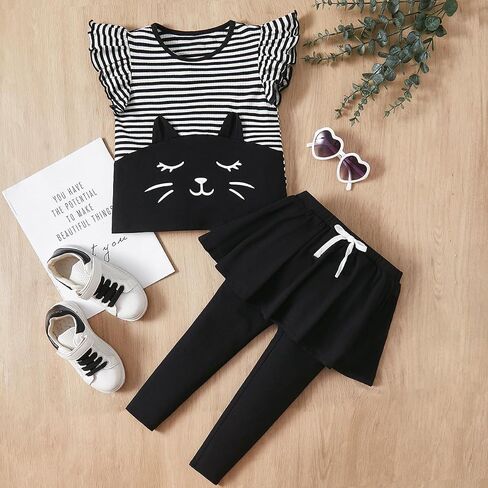 OYOANGLE Girl's 2 Pieces Outfits Striped Graphic Print Cap Sleeve Ruffle Trim Tee Top and Leggings with Skirt Set in Saudi Arabia