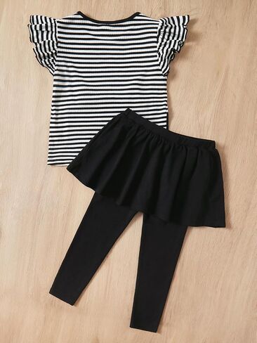 OYOANGLE Girl's 2 Pieces Outfits Striped Graphic Print Cap Sleeve Ruffle Trim Tee Top and Leggings with Skirt Set in Saudi Arabia