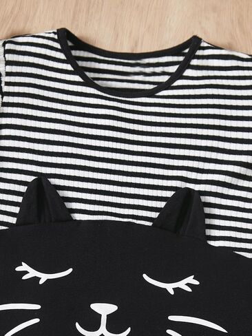 OYOANGLE Girl's 2 Pieces Outfits Striped Graphic Print Cap Sleeve Ruffle Trim Tee Top and Leggings with Skirt Set in Saudi Arabia