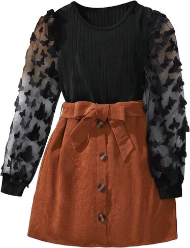 OYOANGLE Girl's 2 Piece Mesh Appliques Long Sleeve Rib Knit Tee and Belted Button Short Skirt Set in Saudi Arabia