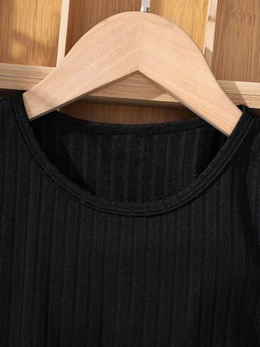 OYOANGLE Girl's 2 Piece Mesh Appliques Long Sleeve Rib Knit Tee and Belted Button Short Skirt Set in Saudi Arabia