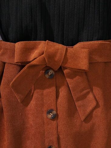 OYOANGLE Girl's 2 Piece Mesh Appliques Long Sleeve Rib Knit Tee and Belted Button Short Skirt Set in Saudi Arabia