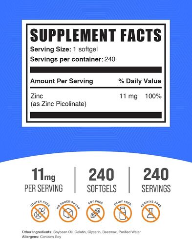 BulkSupplements.com كبسولات هلامية بيكولينات الزنك - مكملات الزنك، 11 مجم، كبسولات الزنك - كبسولات هلامية زنك لدعم المناعة، خالية من الغلوتين - 1 كبسولة هلامية لكل وجبة، 240 كبسولة هلامية in Saudi Arabia