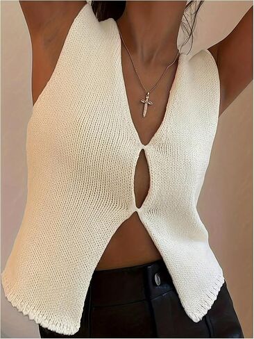 GORGLITTER Women's Y2k Crochet Crop Vest Top V Neck Sleeveless Solid Sweater Tank Tops in Saudi Arabia