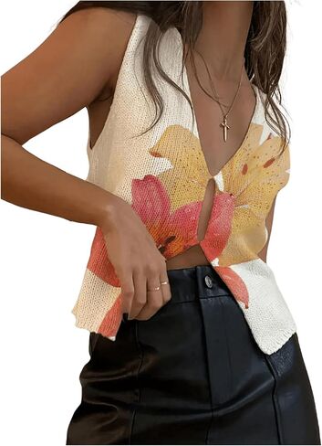 GORGLITTER Women's Y2k Crochet Crop Vest Top V Neck Sleeveless Solid Sweater Tank Tops in Saudi Arabia