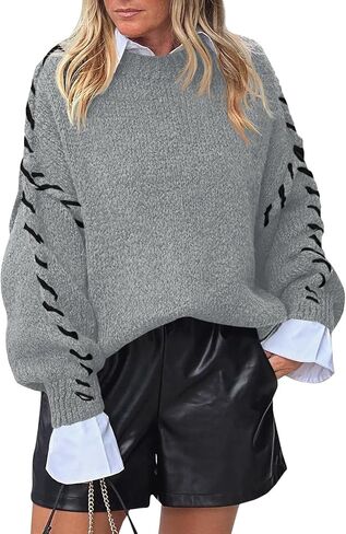 Saodimallsu Womens Oversized Sweaters Crew Neck Puff Long Sleeve Knit Fall Loose Chunky Trendy Casual Pullover Top in Saudi Arabia