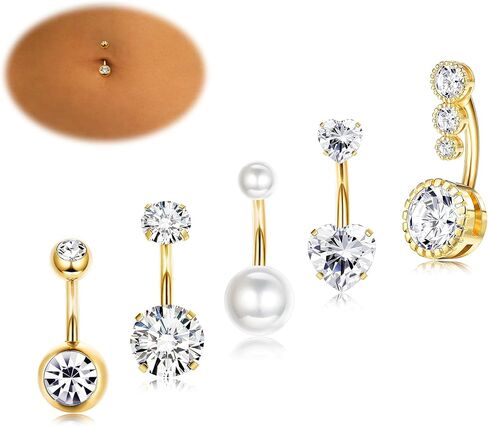 FIBO STEEL 14K Gold Plated Belly Button Ring for Women 316L Surgical Steel Dangle Belly Button Ring Pink Heart Navel Rings Barbell CZ Clicker Belly Piercings Jewelry Dangly 14G in Saudi Arabia