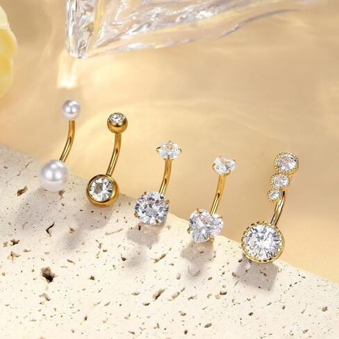 FIBO STEEL 14K Gold Plated Belly Button Ring for Women 316L Surgical Steel Dangle Belly Button Ring Pink Heart Navel Rings Barbell CZ Clicker Belly Piercings Jewelry Dangly 14G in Saudi Arabia