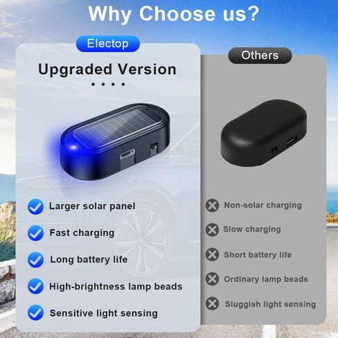 إنذار وهمي للسيارة بالطاقة الشمسية من ELECTOP، مصباح أمان وامض LED مضاد للسرقة مع منفذ شاحن USB، مصابيح أمان داخلية للتحذير من السيارات لمعظم السيارات، 4 عبوات، أزرق in Saudi Arabia