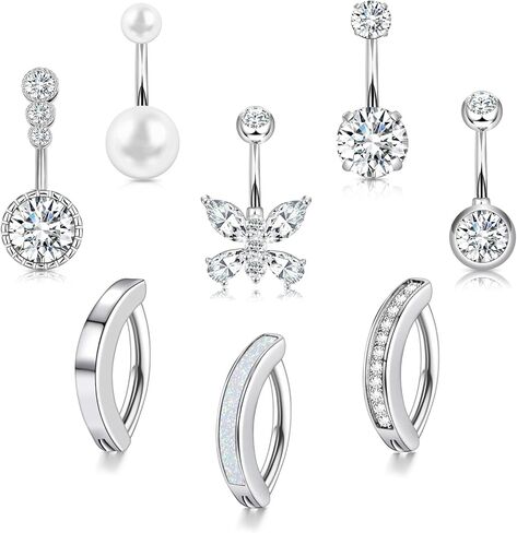 14G Belly Button Ring 8Pcs Belly Button Piercing Stainless Steel Belly Rings Cute CZ Heart Butterfly Clicker Belly Piercing Jewelry for Women in Saudi Arabia