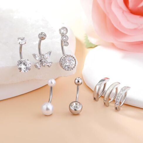 14G Belly Button Ring 8Pcs Belly Button Piercing Stainless Steel Belly Rings Cute CZ Heart Butterfly Clicker Belly Piercing Jewelry for Women in Saudi Arabia