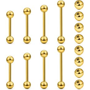 14G 16G Nipple Tongue Rings Stainless Steel Straight Barbells Piercing Jewelry Short Long Bar Silver Black Gold Bridge Piercings For Women Men 12mm 14mm 16mm 18mm Length,Ball Size 5MM 6MM