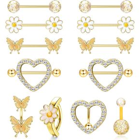 Kakonia 12 Pcs 14G Nipple Piercing Jewelry - Surgical Steel Nipple Rings Belly Rings for Women,Dainty Butterfly Belly Button Ring Heart Nipple Piercing Jewelry Set Cute Flower CZ Nipple Ring Barbells Body Piercing Jewelry