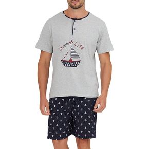 Keyocean Mens Henley Pajama Set, Soft Cotton Short-Sleeve T-Shirt & Shorts Summer PJ Set for Sleeping