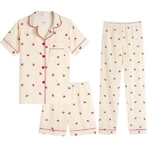 Big Girls Button Down Pajama Set 3pcs Short Sleeve Long Pants with Shorts Crepe Wrinkled Fabric Sleepwear Nighty