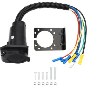 7 Pin Trailer Plug, Universal 7 Way RV Trailer Light Connector Socket Electrical Trailer Wire Adapter Quick Converter with Mounting Bracket, Truck End Quick-Install Wiring Harness Vehicle Side