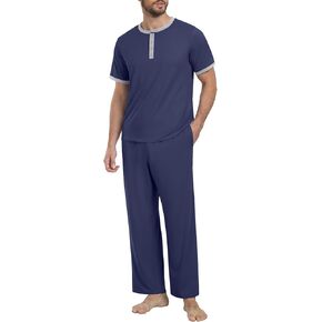 PrinStory Men's Pajama Set Pjs Sleepwear Lightweight Quick Dry Cozy Short Sleeve Button Neck Shirts and Pants Soft Sleep Sets