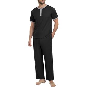 PrinStory Men's Pajama Set Pjs Sleepwear Lightweight Quick Dry Cozy Short Sleeve Button Neck Shirts and Pants Soft Sleep Sets