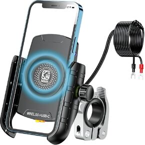 Kewig Motorcycle Phone Mount with Wireless 15W & USB C 20W Dual Charger, Anti Vibration Motorcycle Phone Holder with Aluminum Alloy Handlebar Mount Base Fit for 4'' - 7.9'' Cellphones