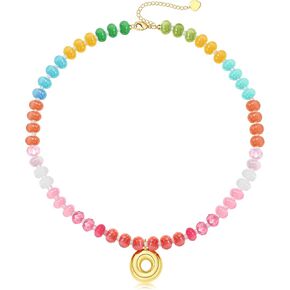 Initial Necklaces for Women, Beaded Necklaces for Women with Bubble Necklace Letter Stocking Stuffers for Teens Trendy Stuff Colorful Gemstone Choker 14k Gold Letter A-Z Pendant Summer Beach Christmas Birthday Jewelry for Her Girlfriend Sister