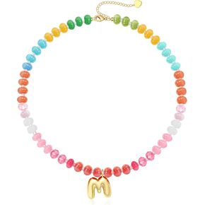 Initial Necklaces for Women, Beaded Necklaces for Women with Bubble Necklace Letter Stocking Stuffers for Teens Trendy Stuff Colorful Gemstone Choker 14k Gold Letter A-Z Pendant Summer Beach Christmas Birthday Jewelry for Her Girlfriend Sister in Kuwait