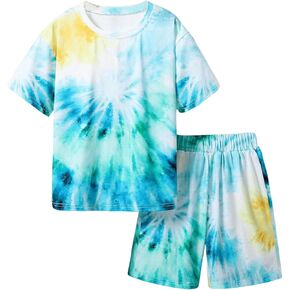 Verdusa Boy's 2 Piece Outfits Tie Dye Crew Neck Tee Shirts and Track Shorts