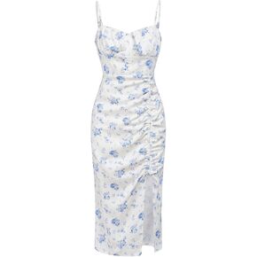 SHENHE Girl's Floral Split Thigh Ruched Spaghetti Strap Summer Cute Long Cami Dress