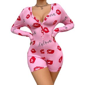 WDIRARA Women's Lips Print Deep V Neck Button Front Skinny Pajama Romper Long Sleeve Jumpsuit Shorts