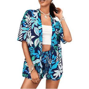 MakeMeChic Women's Summer 2 Piece Outfits Tropical Print Open Front Short Sleeve Blouse Kimono and Shorts Set
