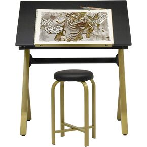 SD STUDIO DESIGNS Stellar 36" Wide Craft/Drawing Table with Adjustable Top and Padded Stool Set, Gold/Black