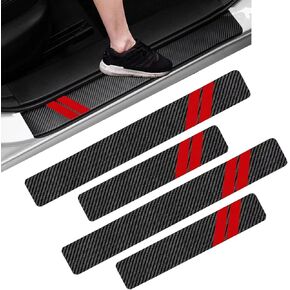4 PCS Car Door Sill Protection Strip, 15.7" x 2.7" + 23.6" x 2.7" Carbon Fiber Door Pedal Trunk Anti-Scratch Decoration, PU Leather Easy to Clean Sticker, Universal for Cars (Red & Black)